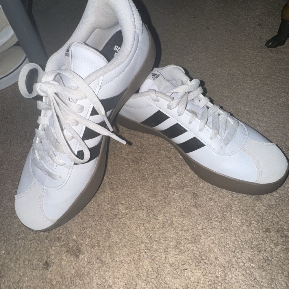 Adidas women’s  White and Black Sneakers with Tan Sole